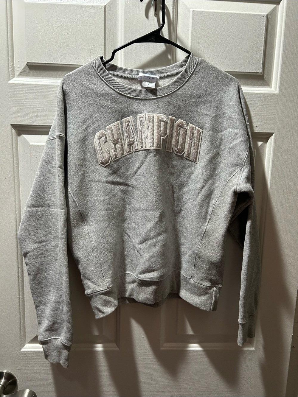 Champion Reverse Weave Light Gray Pullover Sweatshirt with Raised Stitched Logo
